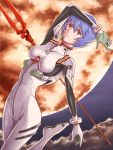  1girl arm_up ayanami_rei blue_hair bodysuit breasts breasts_apart clouds hair_between_eyes lance_of_longinus leg_up looking_at_viewer medium_breasts moon neon_genesis_evangelion orange_eyes plugsuit popo_agaga short_hair solo white_bodysuit 