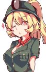  1girl blonde_hair blush_stickers breasts cleavage eyebrows_visible_through_hair gokuu_(acoloredpencil) goombella heart highres looking_at_viewer super_mario_bros. medium_breasts mining_helmet nintendo one_eye_closed open_mouth paper_mario paper_mario:_the_thousand_year_door personification ponytail red_eyes shirt short_hair short_sleeves simple_background slit_pupils solo upper_body white_background 