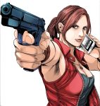  1girl black_tank_top blue_eyes bracelet breasts brown_hair cellphone claire_redfield cleavage commentary_request earrings gun highres holding holding_gun holding_phone holding_weapon jacket jewelry long_hair looking_at_viewer naoki_serizawa necklace phone phone_screen ponytail red_jacket red_vest resident_evil shirt sleeveless sleeveless_shirt smartphone solo vest weapon 