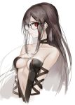  1girl bangs bare_shoulders black_dress breasts brown_hair center_opening choker cleavage closed_mouth collarbone consort_yu_(fate) dress earrings fate/grand_order fate_(series) glasses jewelry long_hair looking_at_viewer medium_breasts mins_(minevi) navel red_eyes revealing_clothes sideboob solo strapless strapless_dress upper_body very_long_hair 
