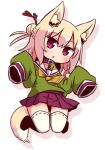  1girl :o animal_ear_fluff animal_ears bangs blonde_hair blush commentary_request eyebrows_visible_through_hair fox_ears fox_girl fox_tail full_body green_shirt hair_between_eyes hair_bun hair_ornament hands_up head_tilt kemomimi-chan_(naga_u) long_hair long_sleeves looking_at_viewer naga_u orange_neckwear original parted_lips pleated_skirt purple_skirt red_eyes ribbon-trimmed_legwear ribbon_trim sailor_collar school_uniform serafuku shadow shirt sidelocks skirt sleeves_past_fingers sleeves_past_wrists solo tail thigh-highs white_background white_legwear white_sailor_collar 