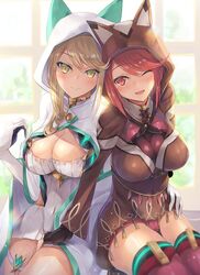  2girls animal_ears armor bangs blonde_hair breasts cat_ears cleavage cleavage_cutout earrings gem gloves headpiece mythra_(xenoblade) hinot pyra_(xenoblade) hood jewelry large_breasts looking_at_viewer multiple_girls nintendo red_eyes redhead short_hair shoulder_armor smile swept_bangs thigh_strap tiara xenoblade_(series) xenoblade_2 yellow_eyes 