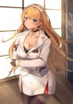  1girl azur_lane backlighting bangs black_bra black_choker black_gloves black_legwear blonde_hair blue_eyes blurry blurry_background blush bra breasts buttons choker cleavage collarbone commentary_request cowboy_shot cross cross_choker crossed_arms day eyebrows_visible_through_hair floating_hair gloves hairband head_tilt highres indoors lace lace-trimmed_bra large_breasts light_particles light_rays long_hair long_sleeves looking_at_viewer military military_uniform miniskirt north_carolina_(azur_lane) pantyhose parted_lips pencil_skirt shiny shiny_hair shiny_skin shirt sidelocks skirt smile solo standing sunbeam sunlight underwear uniform very_long_hair white_shirt white_skirt window wing_collar yu_ni_t 