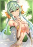  1girl absurdres bare_shoulders blush breasts cleavage cowboy_shot fate/grand_order fate_(series) green_hair hair_between_eyes highres ichikawayan kiyohime_(fate/grand_order) looking_at_viewer medium_breasts navel smile solo swimsuit twitter_username 