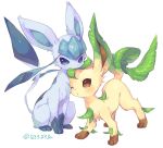  bad_id bad_twitter_id blue_eyes brown_eyes creatures_(company) game_freak gen_4_pokemon glaceon hideko_(l33l3b) highres leafeon looking_at_viewer nintendo no_humans one_eye_closed parted_lips pokemon pokemon_(creature) simple_background sitting slit_pupils twitter_username white_background 