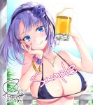  1girl alcohol bangs bikini black_bikini black_flower black_rose blue_eyes blue_sky blush bracelet breasts cleavage commentary_request cup dagashi_kashi eyebrows_visible_through_hair flower flower_bracelet hair_flower hair_ornament hairband holding holding_cup jewelry kaguyuzu large_breasts licking_lips looking_at_viewer nail_polish necklace outdoors purple_hair railing ringed_eyes rose sample shidare_hotaru short_hair sky smile swimsuit tongue tongue_out under_boob 
