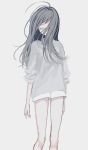  1girl ahoge bad_id bad_twitter_id closed_eyes closed_mouth covered_eyes floating_hair grey_background grey_sweater hair_over_eyes highres long_hair long_sleeves original p2_(uxjzz) shorts simple_background solo standing sweater white_shorts 