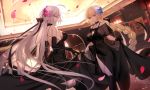  2girls ahoge bangs black_bow black_dress black_gloves black_legwear black_ribbon blonde_hair blush bow braid breasts chandelier choker cleavage commentary_request dress dress_lift dutch_angle elbow_gloves eyebrows_visible_through_hair fate/grand_order fate_(series) floating_hair flower gloves hair_bow hair_flower hair_ornament hair_ribbon heroic_spirit_formal_dress highres indoors jeanne_d&#039;arc_(alter)_(fate) jeanne_d&#039;arc_(fate)_(all) jewelry kneehighs large_breasts lifted_by_self long_hair looking_at_viewer multiple_girls necklace open_mouth parted_lips petals ribbon see-through shinooji silver_hair single_braid smile sparkle very_long_hair yellow_eyes 