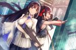  2girls assault_rifle bangs black_hair black_legwear blush breasts brown_eyes bullpup cape cityscape cleavage closed_mouth commentary_request corset double-breasted eyebrows_visible_through_hair flower girls_frontline gloves gun hair_between_eyes hair_flower hair_ornament hair_ribbon hairband highres holding holding_gun holding_weapon large_breasts long_hair looking_away mappaninatta multiple_girls necktie outdoors pantyhose pleated_skirt pointing qbz-95 qbz-95_(girls_frontline) qbz-97 qbz-97_(girls_frontline) ribbon rifle shirt sidelocks signature skirt sleeveless sleeveless_shirt smile thigh-highs trigger_discipline twintails twitter_username underbust very_long_hair weapon white_gloves white_hairband white_legwear white_shirt white_skirt yellow_eyes 