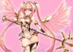  1girl armlet bare_shoulders blonde_hair cleavage_cutout detached_sleeves long_hair navel original paintale pink_background pink_eyes pink_wings smile solo staff thigh-highs thigh_gap twintails wings 
