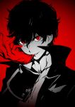  1boy amamiya_ren biting coat glove_biting gloves limited_palette looking_at_viewer male_focus persona persona_5 red_background red_eyes red_gloves simple_background solo upper_body yoshizaki_(yszk) 