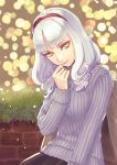  1girl breasts brick_wall carmilla_(fate/grand_order) casual commentary_request fate/grand_order fate_(series) head_tilt highres large_breasts looking_at_viewer medium_hair purple_sweater ribbed_sweater sangatsu_(mitsuki358) silver_hair snow solo sweater winter yellow_eyes 