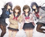  4girls :d bangs bed_sheet black_eyes black_hair black_sailor_collar black_serafuku black_shirt black_skirt blue_neckwear blush breasts brown_cardigan brown_eyes brown_hair brown_legwear brown_sweater cardigan closed_mouth collarbone commentary_request eyebrows_visible_through_hair fingernails grey_sweater hand_up long_hair long_sleeves lying multiple_girls neckerchief noda_shuha on_back on_side open_cardigan open_clothes open_mouth original pantyhose parted_lips pleated_skirt red_neckwear sailor_collar school_uniform serafuku shirt skirt sleeves_past_wrists small_breasts smile sweater very_long_hair 