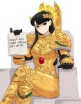  1girl armor black_eyes black_hair breasts cosplay emperor_of_mankind emperor_of_mankind_(cosplay) english flick-the-thief gold_armor halo holding holding_sign komi-san_wa_komyushou_desu komi_shouko laurel_crown legs_crossed long_hair looking_at_viewer notebook pauldrons power_armor shiny sign signature simple_background solo throne two-headed_eagle warhammer_40k white_background 