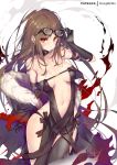  1girl adjusting_eyewear arm_behind_back bangs bare_shoulders black-framed_eyewear black_dress blush breasts brown_hair center_opening choker collarbone consort_yu_(fate) dress earrings eyebrows_visible_through_hair fate/grand_order fate_(series) fur-trimmed_jacket fur_collar fur_trim glasses gold hong_(white_spider) jacket jewelry long_hair looking_at_viewer medium_breasts multiple_earrings navel patreon_username red_eyes revealing_clothes sidelocks signature skindentation solo stomach strapless strapless_dress thighs very_long_hair 
