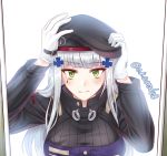  1girl bangs beret blush breasts bright_background commentary_request facial_mark girls_frontline gloves green_eyes hair_ornament hand_on_headwear hands_on_headwear hat hk416_(girls_frontline) large_breasts long_hair long_sleeves o.k.corral silver_hair simple_background solo teardrop twitter_username upper_body white_gloves 