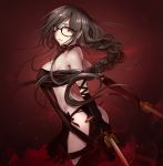  1girl bare_shoulders black_dress braid breasts brown_hair choker consort_yu_(fate) dress dual_wielding fate/grand_order fate_(series) glasses holding large_breasts long_hair looking_at_viewer red_eyes single_braid solo strapless strapless_dress sword weapon yuemanhuaikong 
