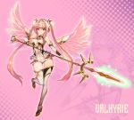  1girl armlet bare_shoulders blonde_hair boots cleavage_cutout detached_sleeves long_hair navel original paintale pink_background pink_eyes pink_wings smile solo staff thigh-highs thigh_boots thigh_gap twintails wings 