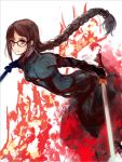  1girl bangs black-framed_eyewear black_gloves bodysuit braid brown_eyes brown_hair closed_mouth commentary_request consort_yu_(fate) dual_wielding ear_piercing earrings eyebrows_visible_through_hair fate/grand_order fate_(series) fire glasses gloves grey_bodysuit gurifu holding holding_sword holding_weapon jewelry long_hair looking_away outstretched_arm piercing sidelocks signature simple_background single_braid solo striped sword vertical_stripes very_long_hair weapon white_background 