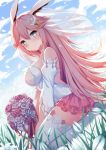  1girl absurdres animal_ears bangs bare_shoulders benghuai_xueyuan blue_eyes blue_sky blush bouquet breasts closed_mouth clouds cloudy_sky commentary_request day detached_sleeves dutch_angle eyebrows_visible_through_hair flower hair_between_eyes highres holding holding_bouquet honkai_impact juliet_sleeves large_breasts long_hair long_sleeves looking_at_viewer looking_to_the_side outdoors petals pink_flower pink_hair pink_rose pink_skirt pleated_skirt puffy_sleeves qunqing red_ribbon ribbon rose see-through seiza shirt sitting skirt sky smile solo strapless thigh-highs veil very_long_hair white_flower white_legwear white_rose white_shirt yae_sakura_(benghuai_xueyuan) 