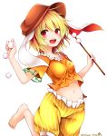  1girl animal_ears artist_name bangs blonde_hair breasts brown_hat chikuwa_savi collarbone commentary_request crop_top dango eyebrows_visible_through_hair flat_cap food frills groin hair_between_eyes hands_up hat holding holding_food leg_up looking_at_viewer midriff navel open_mouth orange_shirt rabbit_ears red_eyes ringo_(touhou) shirt short_hair short_sleeves shorts simple_background small_breasts smile solo star star_print stomach striped touhou twitter_username vertical-striped_shorts vertical_stripes wagashi white_background yellow_shorts 