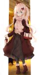  1girl :d absurdres bag bangs belt belt_buckle black_belt black_legwear blue_eyes blurry blurry_background blush boots bow brown_footwear brown_skirt buckle coat commentary_request depth_of_field eyebrows_visible_through_hair fate/grand_order fate_(series) flower fringe_trim full_body hair_between_eyes hair_bow handbag hat hat_flower high_heel_boots high_heels highres holding holding_bag long_hair long_sleeves marie_antoinette_(fate/grand_order) mini_hat mini_top_hat open_clothes open_coat open_mouth pantyhose pink_hair pink_scarf red_bow red_coat red_hat rose scarf shirt sidelocks skirt sleeves_past_wrists smile solo standing tilted_headwear top_hat twintails uzuki_tsukuyo very_long_hair white_flower white_rose white_shirt 
