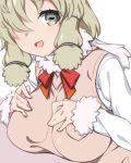  1girl :d alpaca_suri_(kemono_friends) blonde_hair breast_pocket breasts fur-trimmed_sleeves fur_scarf fur_trim grey_eyes hair_over_one_eye hands_on_own_chest hands_up horizontal_pupils kemono_friends kuro_mushi large_breasts leaning_forward long_sleeves looking_at_viewer medium_hair open_mouth pocket scarf shirt smile solo sweater_vest upper_body 