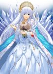  1girl anastasia_(fate/grand_order) blue_cape blue_eyes bracelet cape commentary_request crown dress earrings eyebrows_visible_through_hair fate/grand_order fate_(series) fur_trim highres holding ice jewelry long_dress long_hair npcpepper parted_lips pearl_bracelet silver_hair solo standing white_dress 