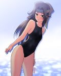  1girl absurdres black_swimsuit brown_eyes brown_hair commentary_request competition_swimsuit cowboy_shot flat_chest forehead_protector hair_intakes half_updo highres jintsuu_(kantai_collection) kantai_collection leaning_forward long_hair looking_at_viewer one-piece_swimsuit solo standing swimsuit tennouji_masamichi 