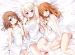  3girls :d :o arm_up armpits barefoot bed_sheet blue_eyes blush breasts brown_hair cleavage dress dress_tug from_above highres large_breasts long_hair looking_at_viewer lying medium_breasts multiple_girls on_back on_side open_mouth original sasahara_wakaba short_dress silver_hair sleeveless sleeveless_dress small_breasts smile solo sundress twintails very_long_hair white_dress yellow_eyes 