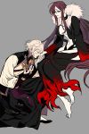  1boy 1girl black_choker black_hair breasts chinese_clothes choker closed_eyes collarbone commentary_request consort_yu_(fate) fate/grand_order fate_(series) fur-trimmed_jacket fur_trim gao_changgong_(fate) grey_hair hand_kiss holding holding_mask horned_mask imminent_kiss jacket kiss long_hair mask mask_removed medium_breasts red_eyes short_hair simple_background sitting tobi0728 very_long_hair white_hair 