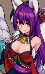  1boy 1girl alcohol animal_ears bottle breasts christmas cleavage cup drinking_glass eyebrows_visible_through_hair fox_ears hei_niao high_heels kitsune large_breasts monster_strike purple_hair red_footwear smile table tagme tail thigh-highs wine wine_bottle wine_glass yellow_eyes 