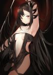  1girl absurdres arm_ribbon arm_up armpits bangs bare_shoulders black_dress black_hair black_ribbon blush breasts closed_mouth collarbone commentary_request consort_yu_(fate) dress eyebrows_visible_through_hair fate/grand_order fate_(series) hair_between_eyes head_tilt highres long_hair medium_breasts navel red_eyes revealing_clothes revision ribbon ribbon-trimmed_dress ribbon_trim silver_(chenwen) solo strapless strapless_dress very_long_hair 