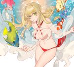  1girl ahoge bikini blonde_hair braid breasts cleavage fate/grand_order fate_(series) fish green_eyes large_breasts long_hair looking_at_viewer nail_polish navel nero_claudius_(fate)_(all) nero_claudius_(swimsuit_caster)_(fate) red_bikini red_nails smile solo swimsuit tobi0728 