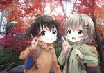  2girls :d autumn_leaves backpack bag bangs black_shirt blush brown_hair brown_jacket commentary_request day eyebrows_visible_through_hair fingernails green_eyes green_jacket grin hair_between_eyes hair_ornament hairclip hand_up holding holding_leaf jacket kuraue_hinata leaf multiple_girls neki_(wakiko) open_clothes open_jacket open_mouth outdoors photo_background shirt smile twintails upper_body v violet_eyes yama_no_susume yukimura_aoi 