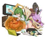  chains chocolate computer food fruit gabriel_(granblue_fantasy) gabriel_(monster_strike) green_hair halo hei_niao highres laptop mail monster_strike no_pants one_eye_closed orange phone shirt slime tagme television thighs white_background white_shirt wings yellow_eyes 
