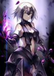 1girl armor armored_dress aura bangs bare_shoulders black_dress breasts cleavage commentary_request dress eyebrows_visible_through_hair falling_petals fate/grand_order fate_(series) faulds fur_trim gauntlets headpiece highres holding holding_sword holding_weapon jeanne_d&#039;arc_(alter)_(fate) jeanne_d&#039;arc_(fate)_(all) karlwolf large_breasts looking_at_viewer magic navel navel_cutout short_hair silver_hair standing sword thigh-highs weapon yellow_eyes 