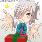  +_+ 1girl artist_name asashimo_(kantai_collection) blurry bow bowtie box dated depth_of_field foreshortening gift gift_box grey_eyes grey_hair hair_over_one_eye highres kantai_collection long_hair long_sleeves looking_at_viewer nuka_(nvkka) open_mouth outstretched_arms ponytail reaching_out school_uniform shirt smile solo sparkle sparkling_eyes star white_shirt 