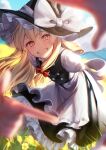  1girl :d absurdres apron black_skirt black_vest blonde_hair blush bow buttons day double-breasted field finger_frame flower flower_field frilled_apron frilled_hat frilled_skirt frills grin hair_between_eyes hair_bow happy hat hat_bow highres jill_07km kirisame_marisa leaning_forward long_hair long_skirt looking_at_viewer open_mouth outdoors red_bow shirt skirt smile solo_focus standing touhou very_long_hair vest white_apron white_bow white_shirt witch witch_hat yellow_eyes yellow_flower 