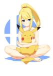  :3 animal animal_hug bangs barefoot blonde_hair blue_eyes collarbone creatures_(company) game_freak gen_1_pokemon hairband highres indian_style logo long_hair metroid nintendo nude pikachu pokemon pokemon_(creature) ponytail red_hairband samus_aran sidelocks sitting super_smash_bros. swept_bangs zero_(miraichizu) 