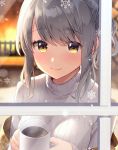  1girl bangs blurry blush breasts closed_mouth coffee coffee_mug commentary_request cup depth_of_field eyebrows_visible_through_hair fireplace grey_hair grey_sweater holding holding_cup indoors long_hair long_sleeves looking_at_viewer masuishi_kinoto medium_breasts mug official_art original ribbed_sweater sidelocks sleeves_past_wrists smile snowflakes snowing solo steam sweater upper_body window winter yellow_eyes 