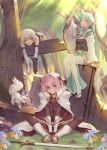  1boy 2girls :d astolfo_(fate) bandage bandaged_arm bandages black_gloves black_legwear cape commentary_request fate/apocrypha fate/grand_order fate_(series) flower forest fou_(fate/grand_order) gloves grass green_eyes green_hair horns indian_style jack_the_ripper_(fate/apocrypha) japanese_clothes kiyohime_(fate/grand_order) long_hair looking_at_viewer multiple_girls nature open_mouth oukawa_yuu outdoors pink_hair short_hair single_glove sitting smile sunlight sword thigh-highs tree weapon white_cape white_hair white_legwear 