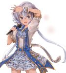  1girl alisia0812 alternate_costume arm_up belt bow granblue_fantasy grey_eyes highres idol kimi_to_boku_no_mirai konno_junko long_hair looking_at_viewer low_twintails microphone open_mouth open_palm puffy_sleeves short_sleeves silver_hair skirt solo twintails very_long_hair white_background wrist_cuffs zombie_land_saga 