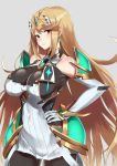  1girl armor bangs bare_shoulders black_bodysuit blonde_hair blush bodysuit bodysuit_under_clothes breasts closed_mouth commentary_request covered_navel dress earrings elbow_gloves fujitsubo_(hujitubo0731) gem gloves grey_background hand_on_hip headpiece highres mythra_(xenoblade) jewelry large_breasts long_hair looking_at_viewer nintendo short_shorts shorts simple_background smile solo super_smash_bros. super_smash_bros._ultimate swept_bangs tiara very_long_hair white_dress white_gloves xenoblade_(series) xenoblade_2 yellow_eyes 