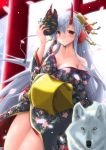  1girl :o blush bow breasts cleavage collarbone commentary_request fate/grand_order fate_(series) floral_print hair_bow hair_ornament hair_stick holding holding_mask japanese_clothes k_mazumi kimono large_breasts long_hair looking_at_viewer mask off_shoulder oiran oni_horns petals red_bow red_eyes red_horns silver_hair slit_pupils solo tomoe_gozen_(fate/grand_order) torii very_long_hair wolf 