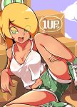  1girl 1up blonde_hair blush breasts cleavage collarbone eyebrows_visible_through_hair gokuu_(acoloredpencil) green_eyes green_footwear hand_on_own_thigh highres koopa_troopa long_hair super_mario_bros. medium_breasts midriff navel nintendo open_mouth personification seductive_smile shoes short_shorts shorts sitting sleeveless smile sneakers solo speech_bubble spread_legs straight_hair tank_top thigh_grab 