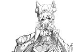  1girl animal_ear_fluff animal_ears bangs belt_buckle blush buckle center_frills collared_shirt crossed_arms eyebrows_visible_through_hair fingerless_gloves frills fur_hat girls_frontline gloves greyscale grin hair_between_eyes hat head_tilt highres jacket_on_shoulders long_hair long_sleeves looking_at_viewer matsuo_(matuonoie) monochrome nagant_revolver_(girls_frontline) pleated_skirt shirt simple_background skirt smile solo star ushanka white_background 