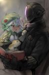  :d ascot black_coat black_gloves black_scarf blush bondrewd book chair commentary_request covered_face creature from_side gloves green_hair hat helmet highres long_sleeves made_in_abyss meinya_(made_in_abyss) multicolored_hair open_mouth prushka red_eyes scarf short_hair sitting smile streaked_hair suurin_(ksyaro) twitter_username whistle white_hair white_legwear 
