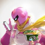 1boy artist_name backlighting bodysuit captain_falcon cellphone chopsticks commentary_request f-zero food food_request gloves helmet highres holding holding_food looking_at_phone male_focus nintendo phone pink_gloves pink_helmet ramen scarf solo takami_masahiro twitter_username watermark web_address white_background yellow_neckwear 