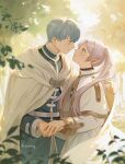 1boy 1girl antweiyi blue_eyes blue_hair blue_tunic blurry blurry_foreground cape capelet cloak earrings frieren gold_trim green_eyes hetero highres himmel_(sousou_no_frieren) holding_hands jewelry long_hair looking_at_another outdoors parted_bangs pointy_ears ring short_hair signature smile sousou_no_frieren tree twintails white_cape white_capelet white_cloak white_hair